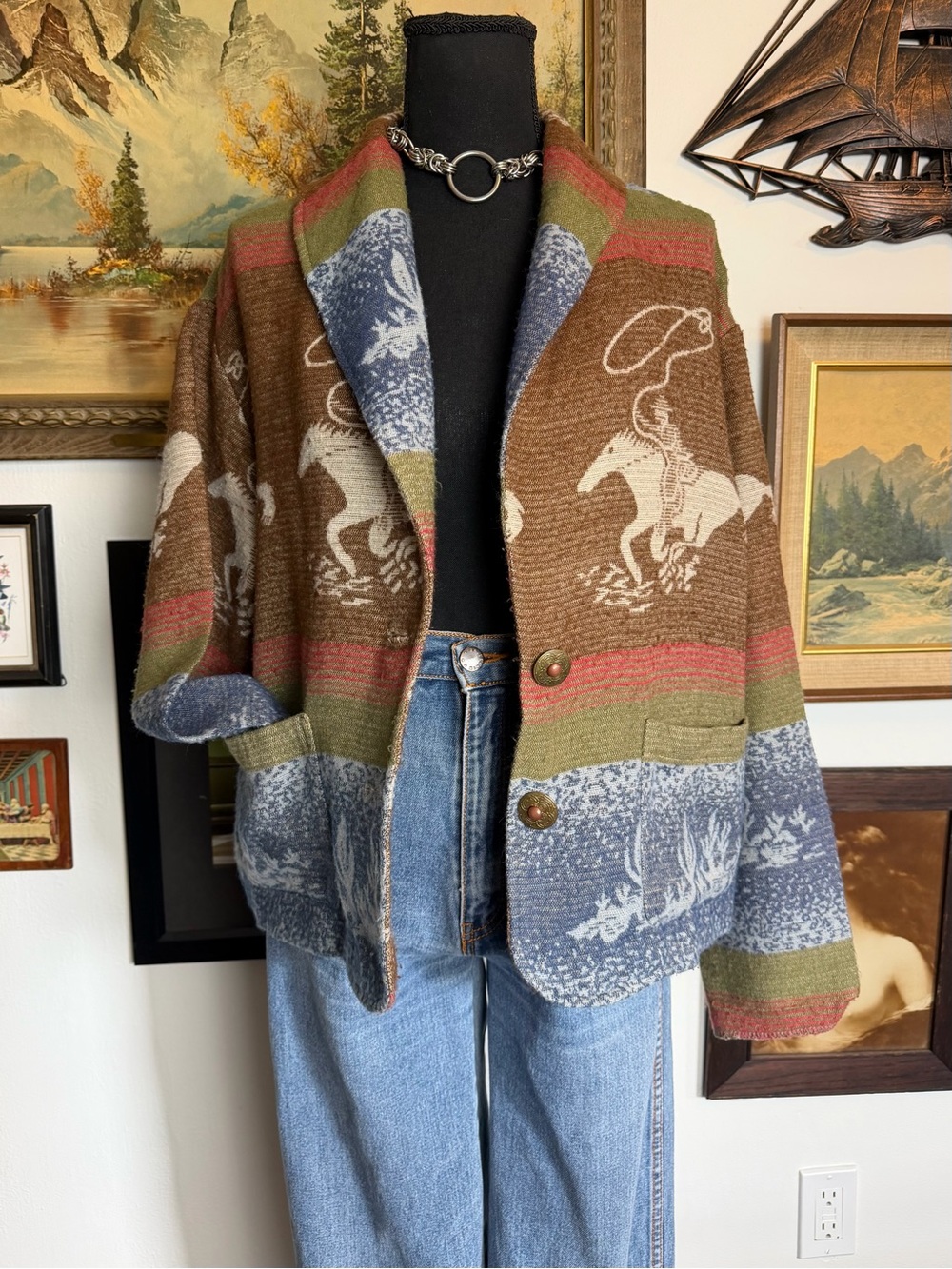 Women's Vintage Horse Print Tapestry Style Sweater  Blazer Size Medium